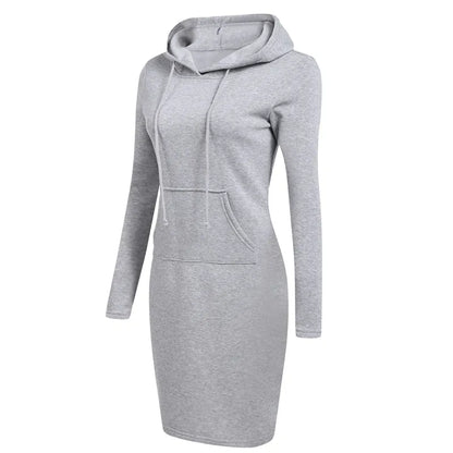 Vestido sudadera con capucha para mujer, vestido informal holgado de manga larga de talla grande, cálido, con bolsillos, por debajo de la rodilla, ropa para primavera e invierno 2021