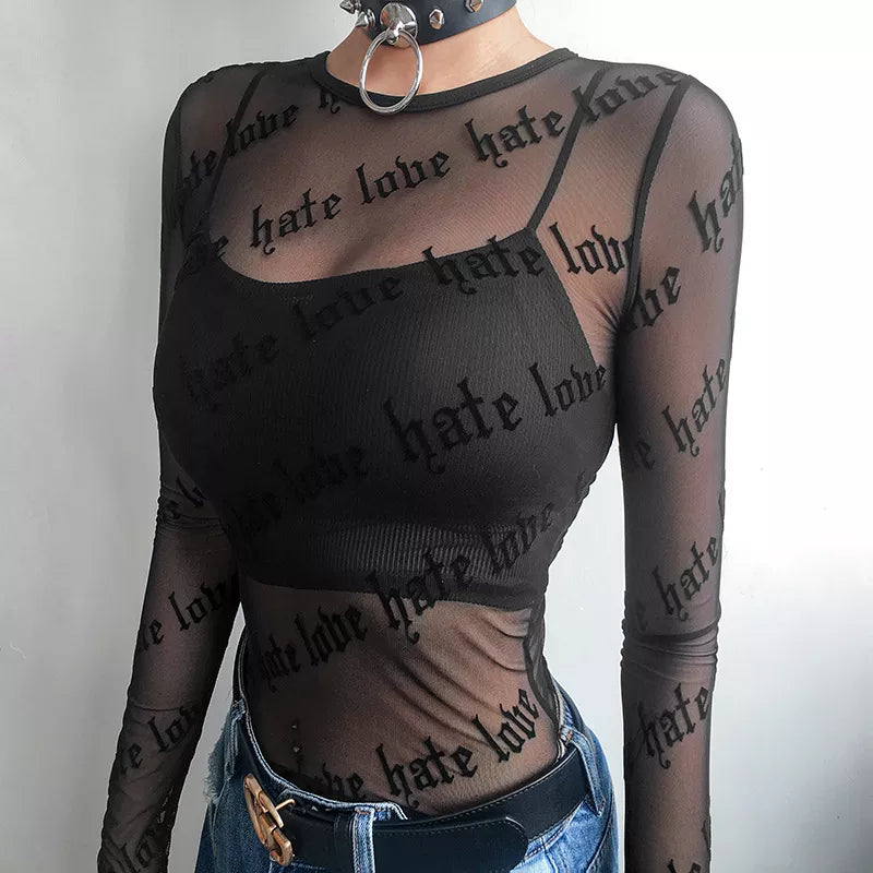 Camisetas sexis de malla para mujer, camiseta transparente con perspectiva, camisetas transparentes con letras impresas y cuello redondo, camisetas de manga larga para mujer