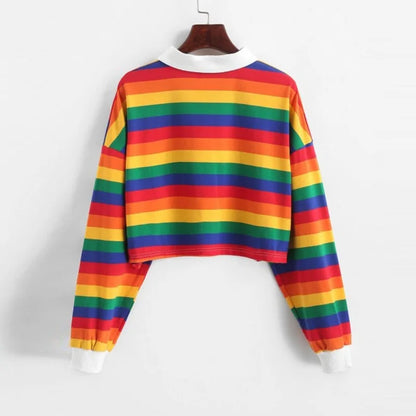 2020  Shirt Women Sweatshirt Long Sleeve Rainbow Color Ladies Hoodies With Button Striped Korean Style Sweatshirt Women