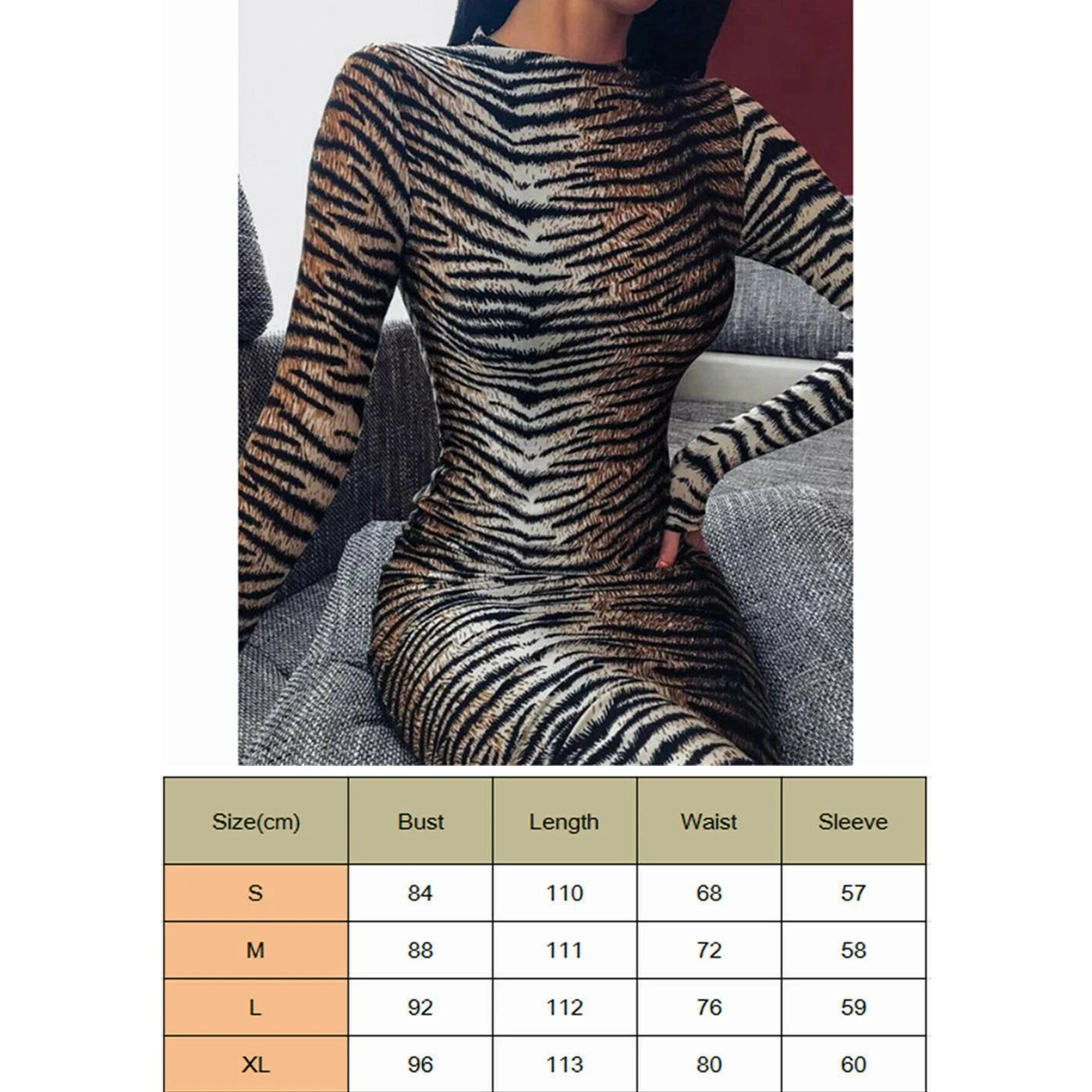 Combhasaki Sexy robe mi-longue femmes imprimé tigre soirée tenue de club col haut à manches longues mince extensible robes moulantes