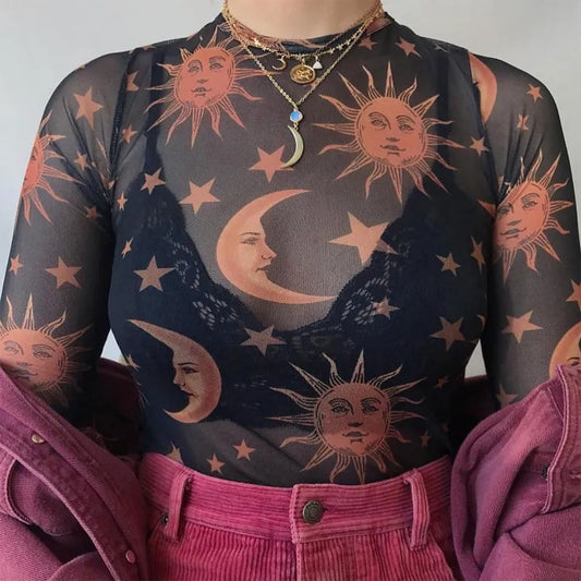 Camiseta Sexy de malla transparente con dibujo de Luna y sol para mujer, camisetas informales básicas ajustadas de manga larga con cuello redondo, Tops informales para mujer 2021