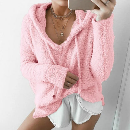 2019 Autumn Top Women Casual Mohair Hooded Pullovers V Neck Fleece Sweater Fashion Sweet Loose Warm Winter Mohair Tops Pullover