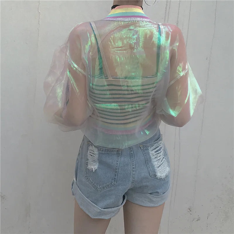 Chaqueta Harajuku de verano para mujer, abrigo básico con holograma de Sinfonía de arcoíris láser para mujer, chaqueta Bomber transparente iridiscente a prueba de sol