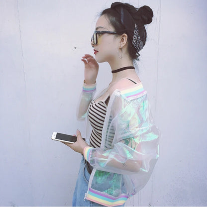 Harajuku Summer Women Jacket Laser Rainbow Symphony Hologram Women BasicCoat Clear Iridescent Transparent Bomber Jacket Sunproof