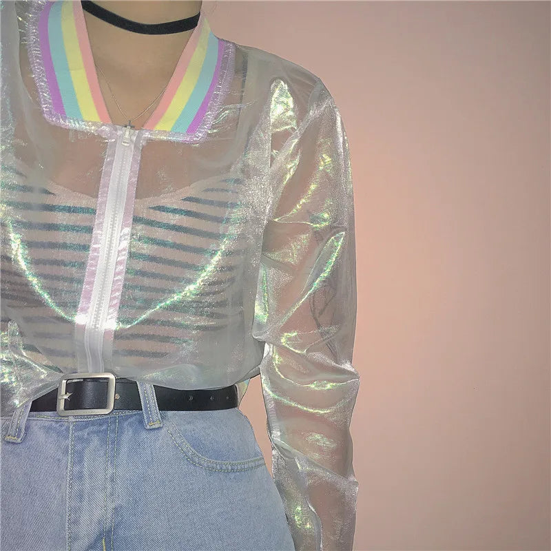 Harajuku Summer Women Jacket Laser Rainbow Symphony Hologram Women BasicCoat Clear Iridescent Transparent Bomber Jacket Sunproof