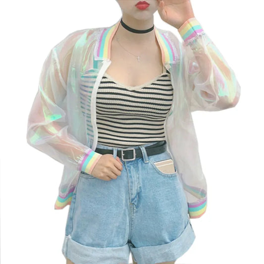 Chaqueta Harajuku de verano para mujer, abrigo básico con holograma de Sinfonía de arcoíris láser para mujer, chaqueta Bomber transparente iridiscente a prueba de sol