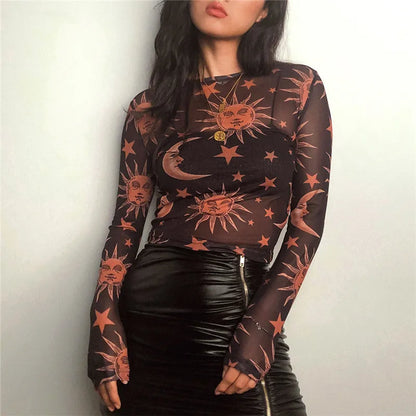 Sun Moon Printed Transparent Mesh Sexy T-Shirt Women O-Neck Long Sleeve Slim Basic Casual Female Tops 2021 Spring New