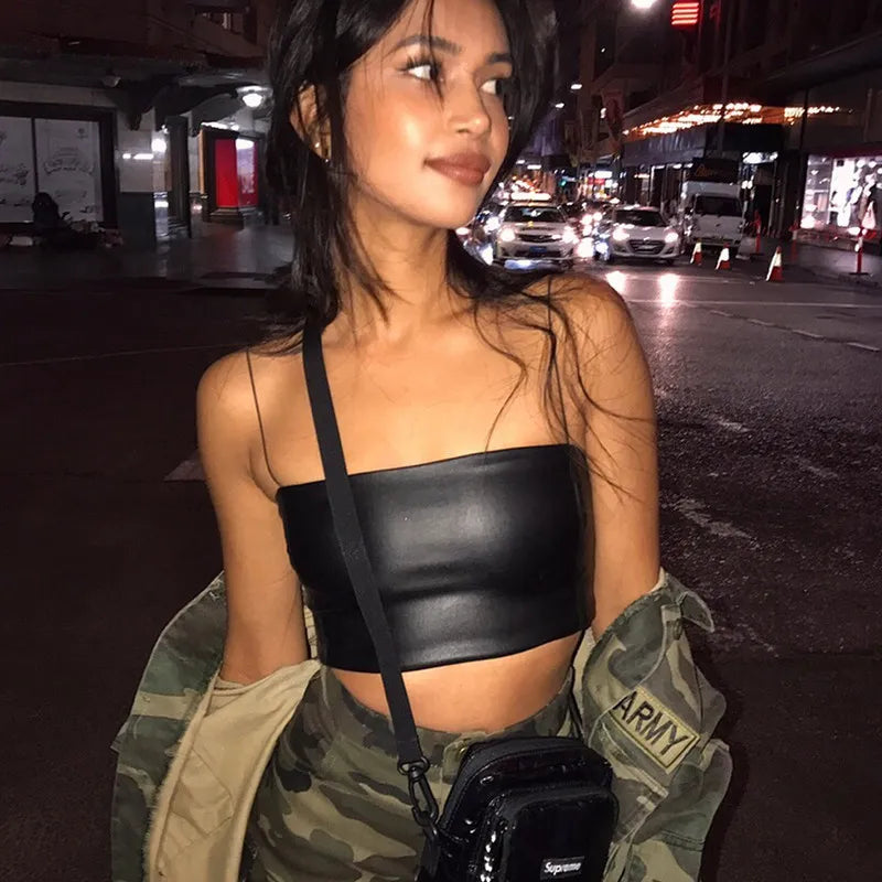 Casual PU Leather Soild Camisole Femme Slash Neck Ladies Streetwear Crop Top Chic Ring Straps Bodycon Black Skinny Camis Summer