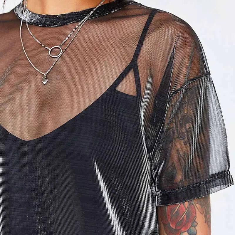 2022 Summer Sexy Mesh Tee See-Through Women T-shirts Short Sleeve Perspective Shine Casual Women Tops Lady Vintage Blusa