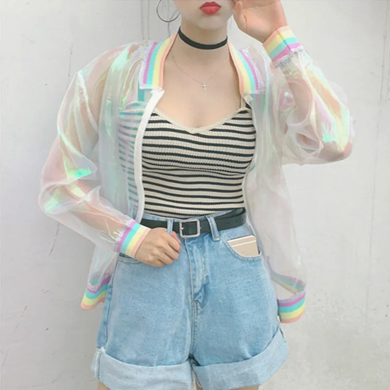 Chaqueta Harajuku de verano para mujer, abrigo básico con holograma de Sinfonía de arcoíris láser para mujer, chaqueta Bomber transparente iridiscente a prueba de sol