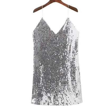 Deep V Neck Silver Sequined Backless Sexy Dress Women Off Shoulder Mini Dress Short Christmas Party Club Strap Dresses Vestidos