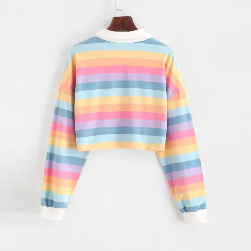 2020  Shirt Women Sweatshirt Long Sleeve Rainbow Color Ladies Hoodies With Button Striped Korean Style Sweatshirt Women