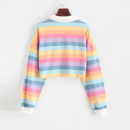 2020 chemise femmes sweat à manches longues couleur arc-en-ciel sweat à capuche pour femme avec bouton rayé Style coréen sweat femmes