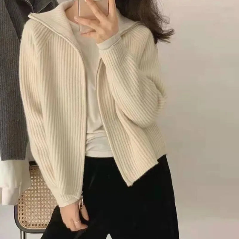 Pull Cardigan Femmes Printemps Nouveau Solide Vintage Tout-match Élégant Fermeture Éclair Lâche Quotidien Doux Doux Simple Tricots De Style Décontracté Chic Adolescent