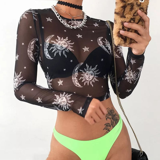 2020 mujeres Sexy Harajuku malla Tops manga larga ver a través de la camiseta transparente sol Luna estrella estampado camiseta femenina Clubwear