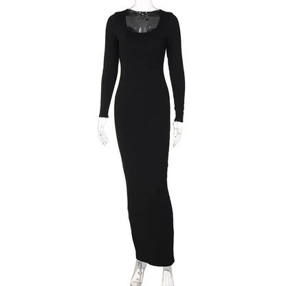 Hugcitar Ribbed Solid Long Sleeve Square Neck Maxi Dress 2024 Fall Sexy Evening Party Elegant Vestido Kleider Mit Robe