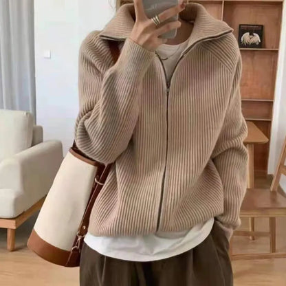 Sweater Cardigan Women Spring New Solid Vintage All-match Elegant Zipper Loose Daily Soft Sweet Simple Casual Knitwear Chic Teen