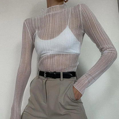 Fall Elegant See Through Long Sleeve Mock Neck Women Tops Fashion Streetwear Sexy T-Shirts Tees Slim Clothes