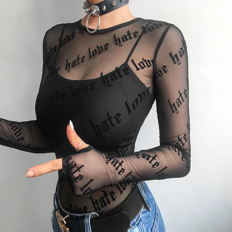 Sexy Women Mesh T-Shirts See-Through Perspective Tshirt Letter Printed O Neck Transparent Long Sleeve T Shirt Tops Women