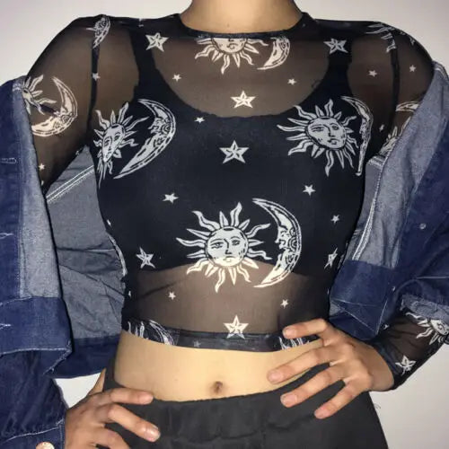 2020 mujeres Sexy Harajuku malla Tops manga larga ver a través de la camiseta transparente sol Luna estrella estampado camiseta femenina Clubwear