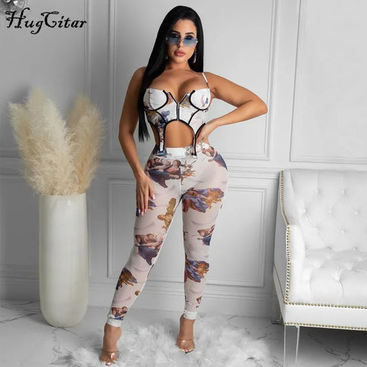 Hugcitar 2023  Sleeveless Patchwork Zipper Print Camis Leggings 2 Piece Matching Sets Spring Summer Women Sexy Tracksuit Outfits