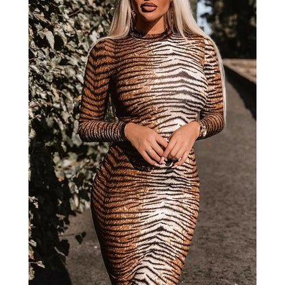 Combhasaki Sexy Midi Dress Womens tiger print Evening Party club wear High Neck Long Sleeve Slim Stretchy Bodycon Dresses