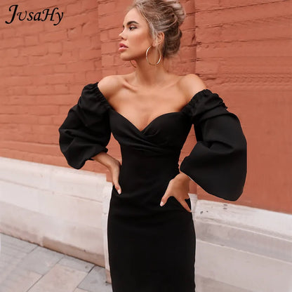 JusaHy élégant couleur Pure manches latérales robe moulante pour les femmes fête Clubwear robes mi-longues formelles Mujer décontracté Streetwear chaud