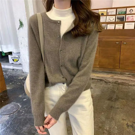 Cardigan à manches longues en cachemire pour femme, pull à simple boutonnage, élégant, Vintage, en laine unie, tricoté, vêtements d'extérieur, automne hiver, X452