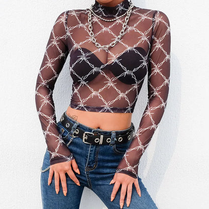 Mesh Tee Shirt Femme Sexy Long Sleeve Crop Top Chain Print T Shirt Women Streetwear Vintage Fishnet top T-shirt 2020 New Arrival