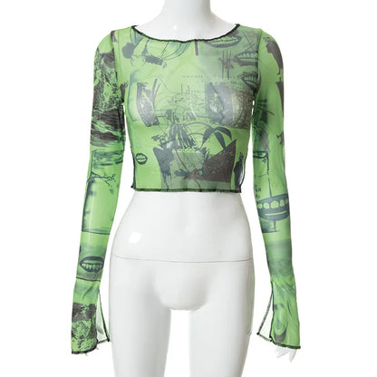 Top corto transparente sexi con estampado gráfico Vintage, camiseta transparente de malla verde, camiseta ajustada de manga larga acampanada, ropa para mujer