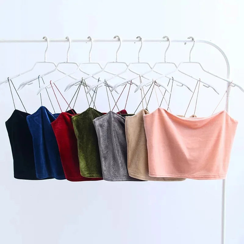 Fashion Sexy Spaghetti Straps Tank Top Velvet Short Crop Top 7 Colors Sexy Boob Tube Top Bustier Brief Vest T-shirts Tee