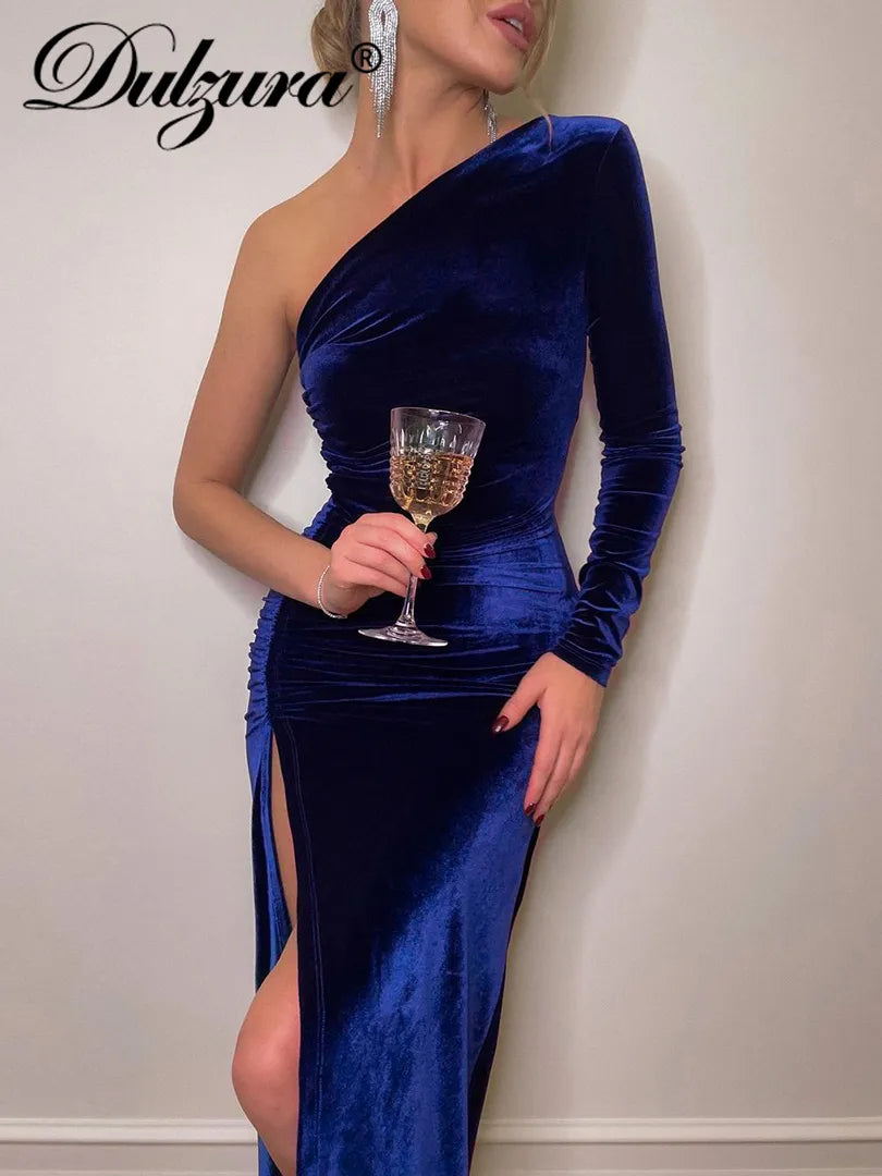 Dulzura Solid Long Sleeve One Shoulder Ruched Slit Velvet Midi Dress Bodycon Sexy Party Club Elegant Evening Christmas 2021 Fall