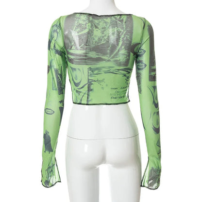 Top corto transparente sexi con estampado gráfico Vintage, camiseta transparente de malla verde, camiseta ajustada de manga larga acampanada, ropa para mujer