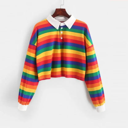 2020  Shirt Women Sweatshirt Long Sleeve Rainbow Color Ladies Hoodies With Button Striped Korean Style Sweatshirt Women