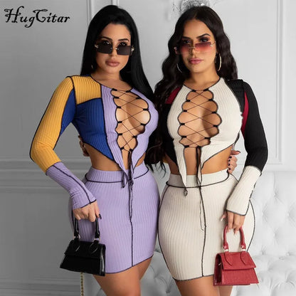 Hugcitar 2020 manches longues évider pansement Patchwork t-shirt haut jupe 2 pièces ensemble automne hiver femmes Sexy fête survêtement