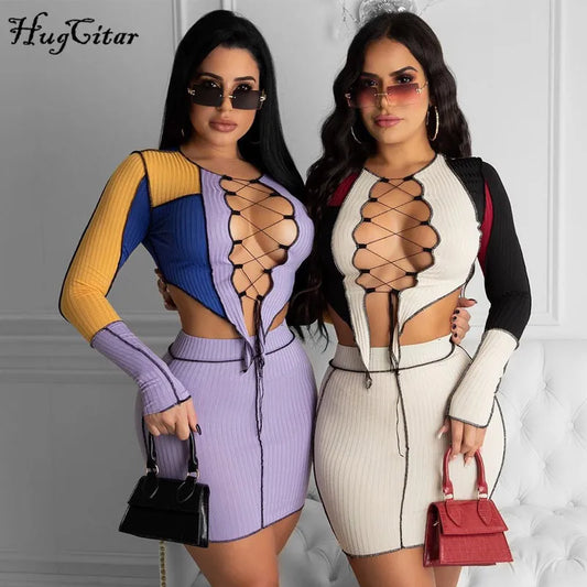 Hugcitar 2020 Long Sleeve Hollow Out Bandage Patchwork Tshirt Top Skirt 2 Pieces Set Autumn Winter Women Sexy Party  Tracksuit