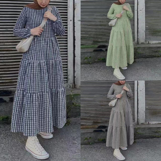 Middle East Plaid Long Sleeve Elastic Sleeve Round Neck Loose Waist Casual Dress