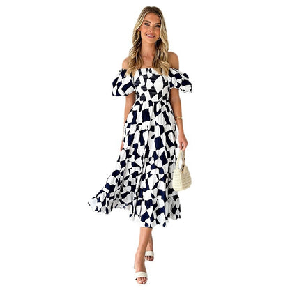 One-neck Printed Pettiskirt Puff Sleeve Dress Women