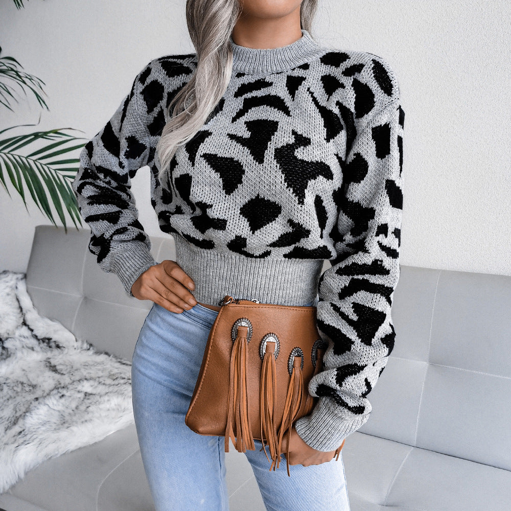 Women's Fashion Casual Leopard Print Waist Trimming Knitted Midriff-baring Sweater