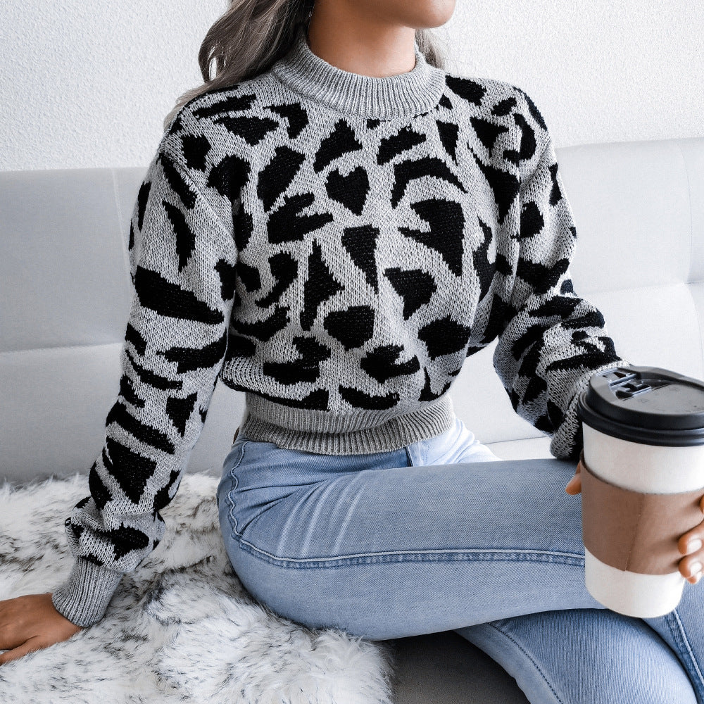 Pull tricoté décontracté imprimé léopard pour femmes, coupe à la taille, à la mode