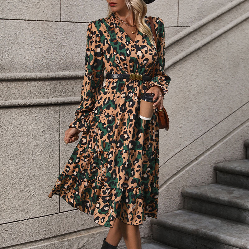 Women's Mid-length Long Sleeve Leopard Print Dress