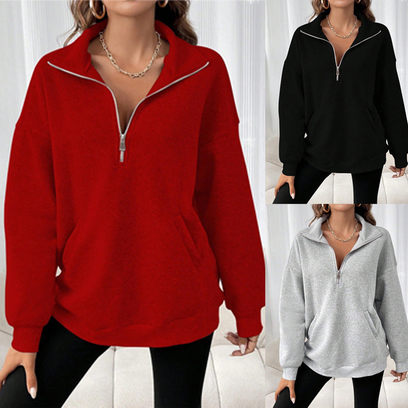 sudadera con capucha casual de color sólido con cuello polo para mujer