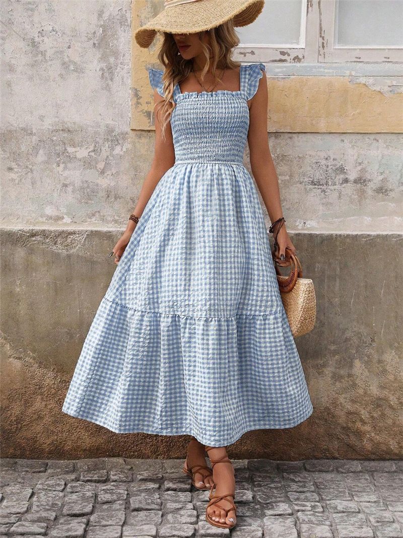 Vestido de cuadros con vuelo grande y elástico para mujer