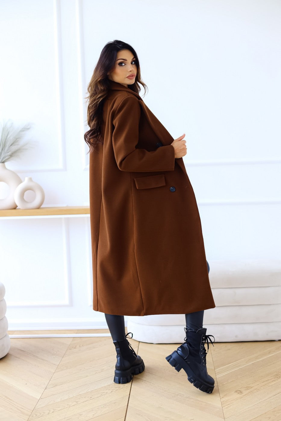 Women's Fashion Simple Double Breasted Long Sleeve Lapel Button Woolen Coat