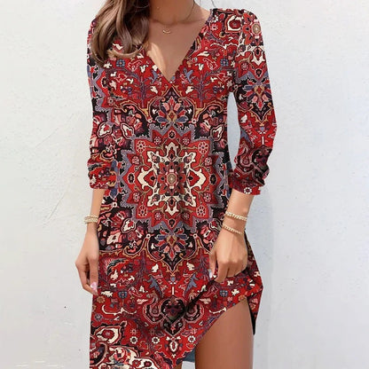 Vestido ajustado de manga larga con estampado floral vintage y escote en V