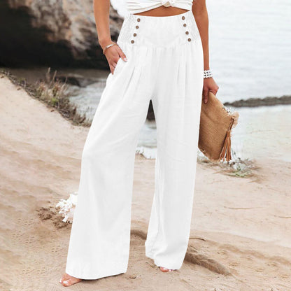 Casual Elastic High Waist Women's Cotton Linen Wide Leg Pants