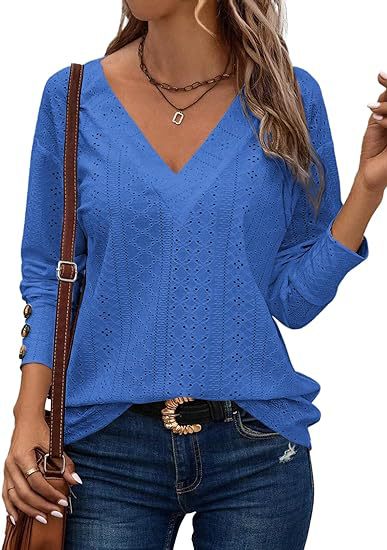 Women's Casual V-neck Long Sleeved Lace Embroidered Shirt