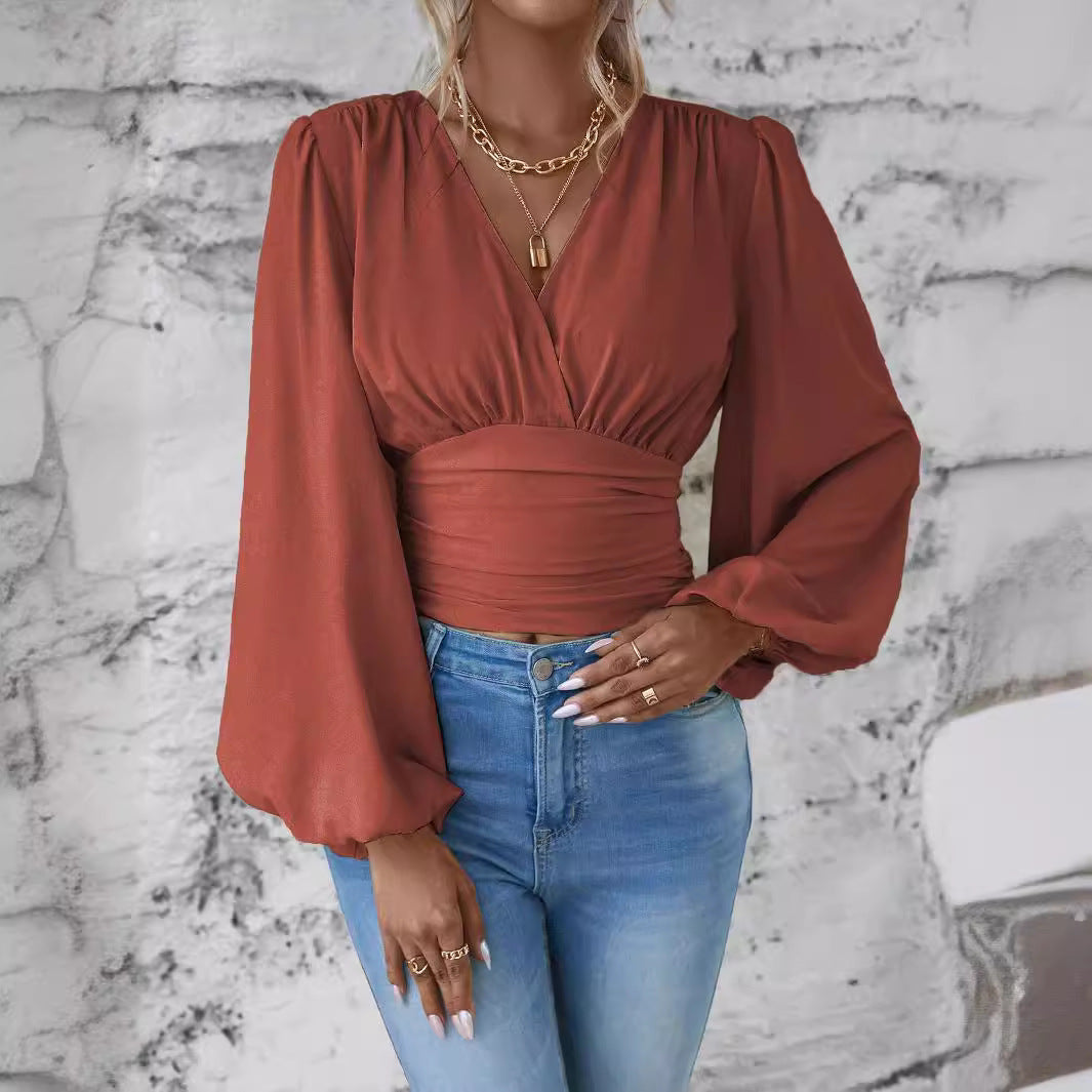 V-neck Sleeve Solid Color Pleated Women's Long-sleeved Top