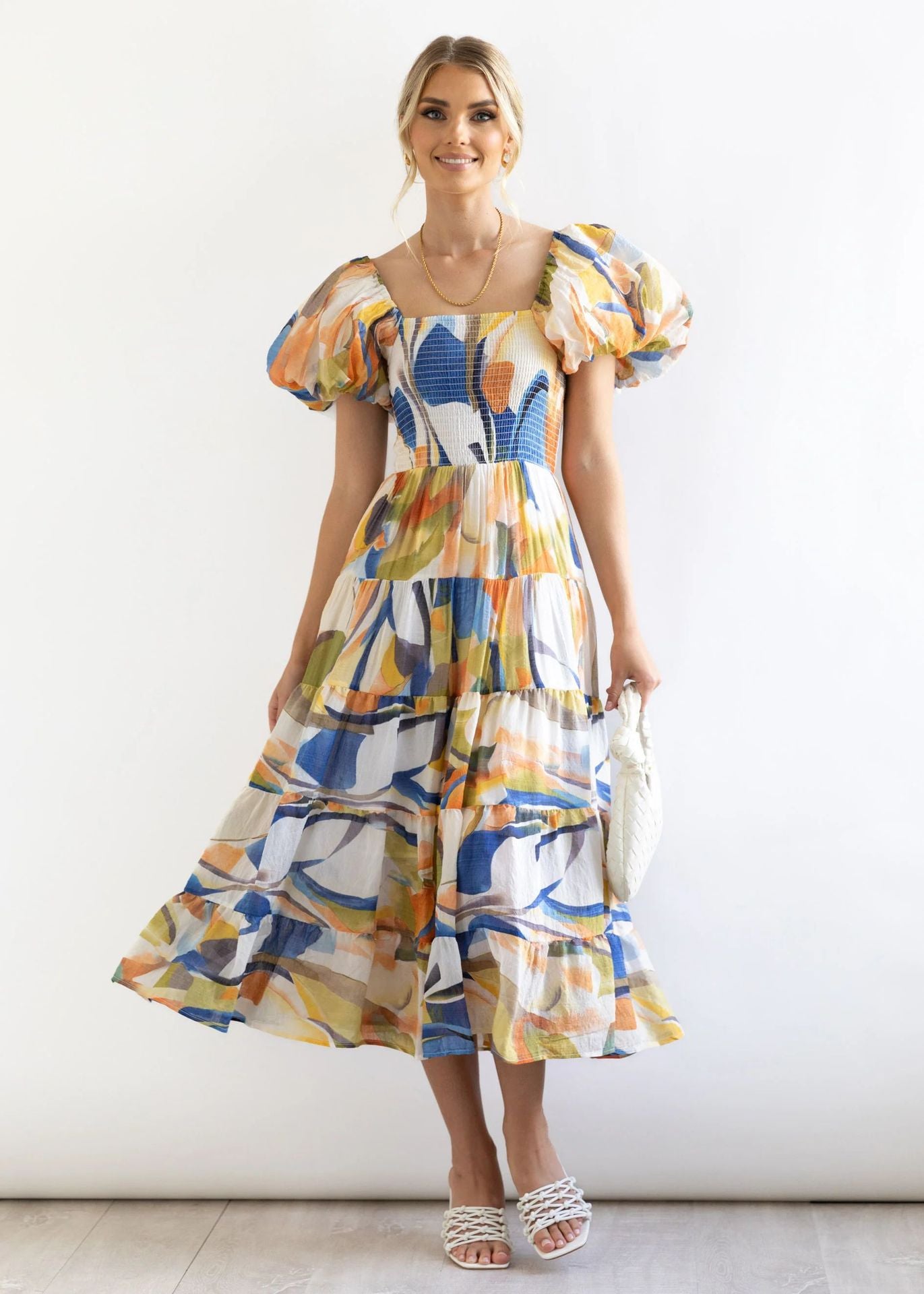 Robe à manches bouffantes et à imprimé pettiskirt à col unique pour femme