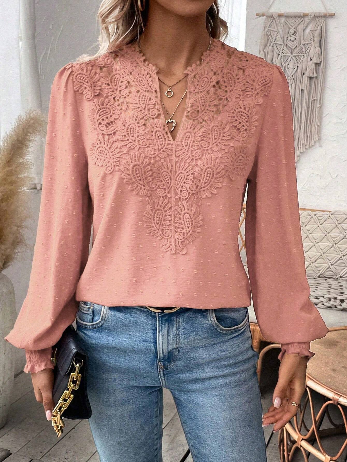 Lace Solid Color Long Sleeve Casual Women's Top